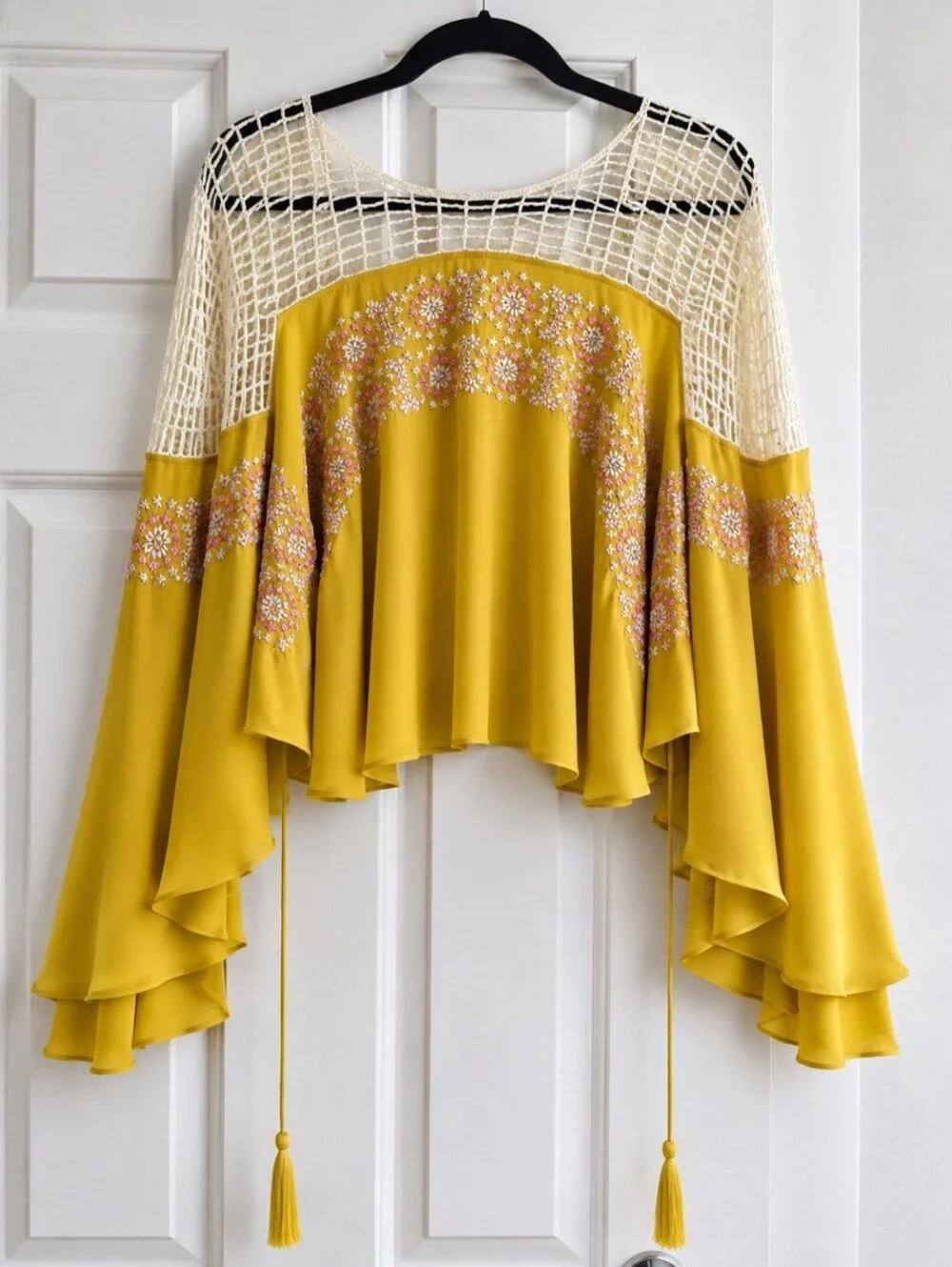 Free People Mustard Embroidered Crochet-Yoke Tunic